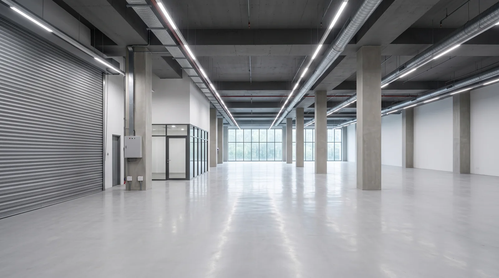 Bare B2 industrial unit with polished concrete floor, roller shutter and exposed services — illustrative photo for Otter's Exit and the Frasers Relay