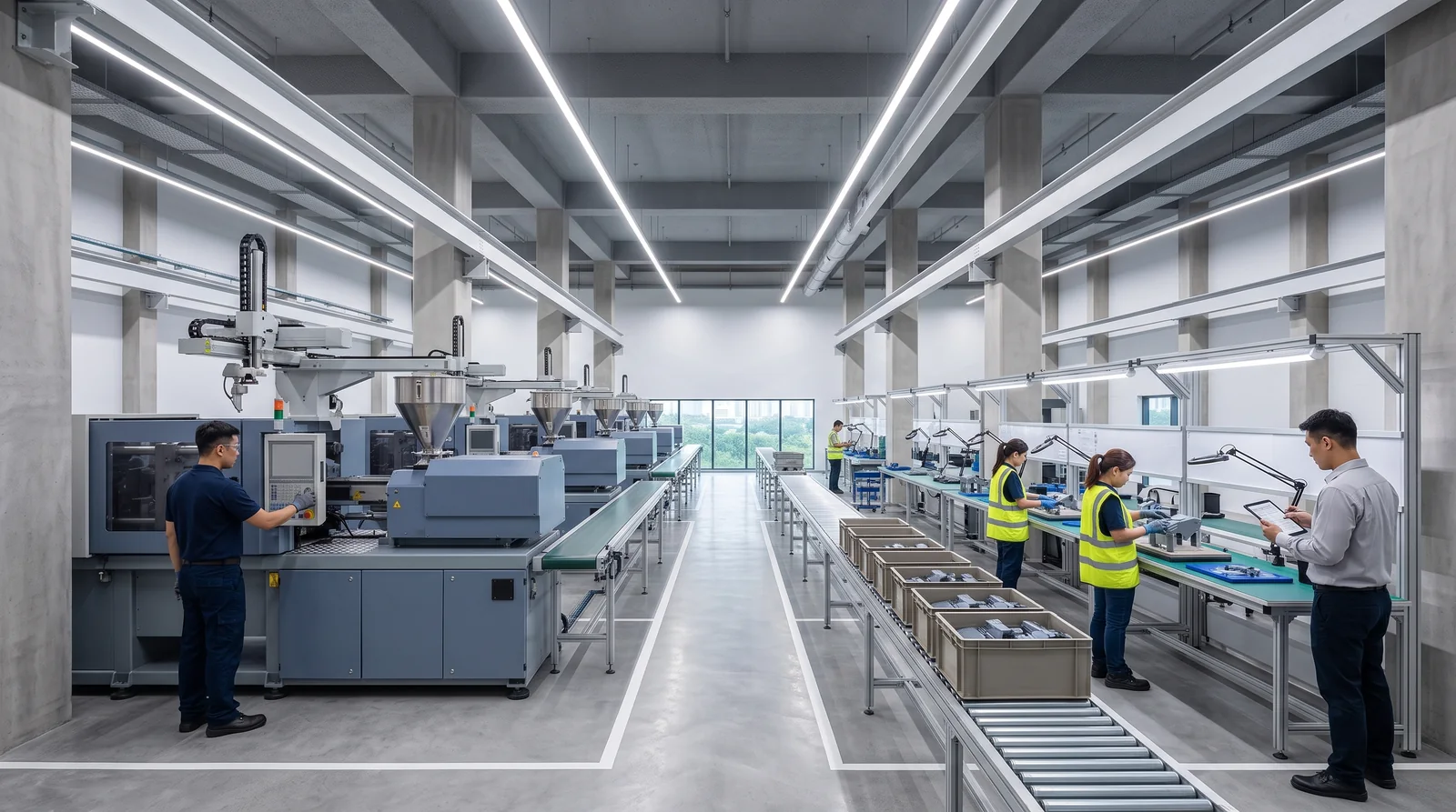 Production floor with moulding machines, conveyors and manual assembly benches