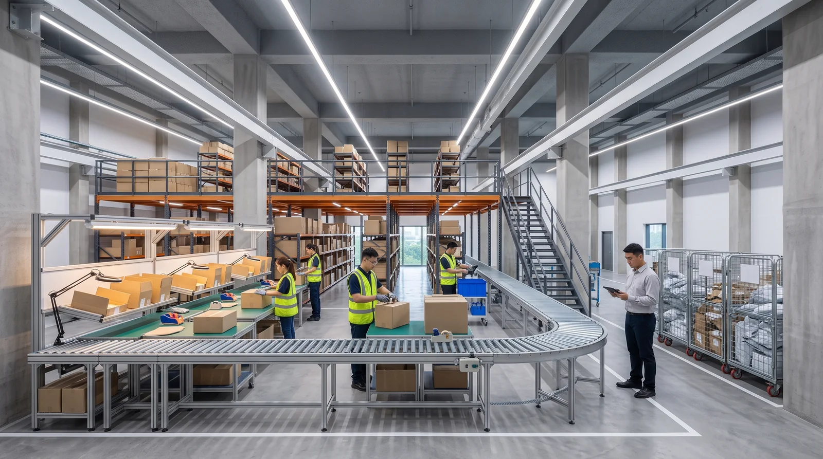 Fulfilment operation with mezzanine storage deck, conveyor packing line and picking stations